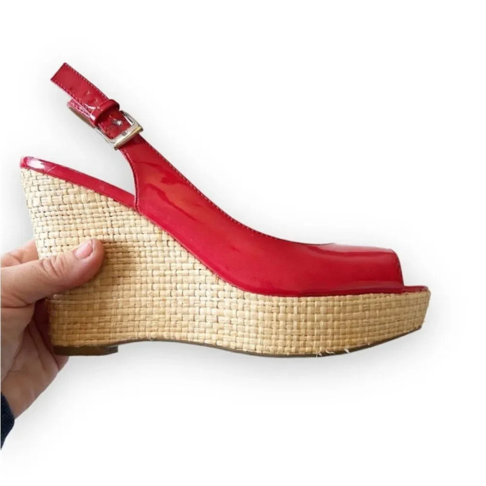 Franco Sarto Sarah Red Faux Patent Rattan Wedge Peep Toe Sandal Women’s Size 8.5